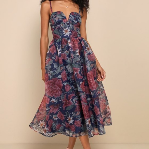 Lulus Cherished Aura Navy Blue Floral Organza Bustier Midi Dress - Size M - Picture 1 of 1